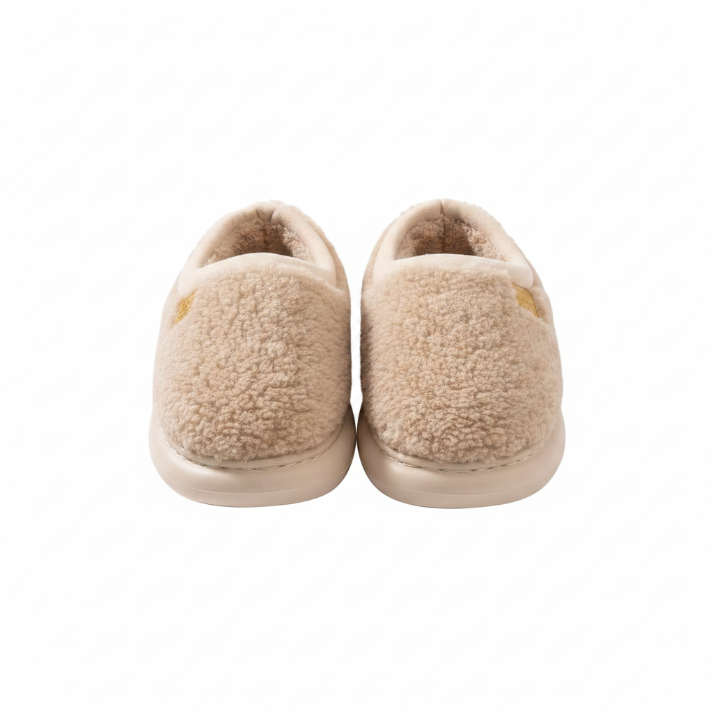 A pair of beige sherpa fleece slip-on slippers shown from the back on a plain white background.