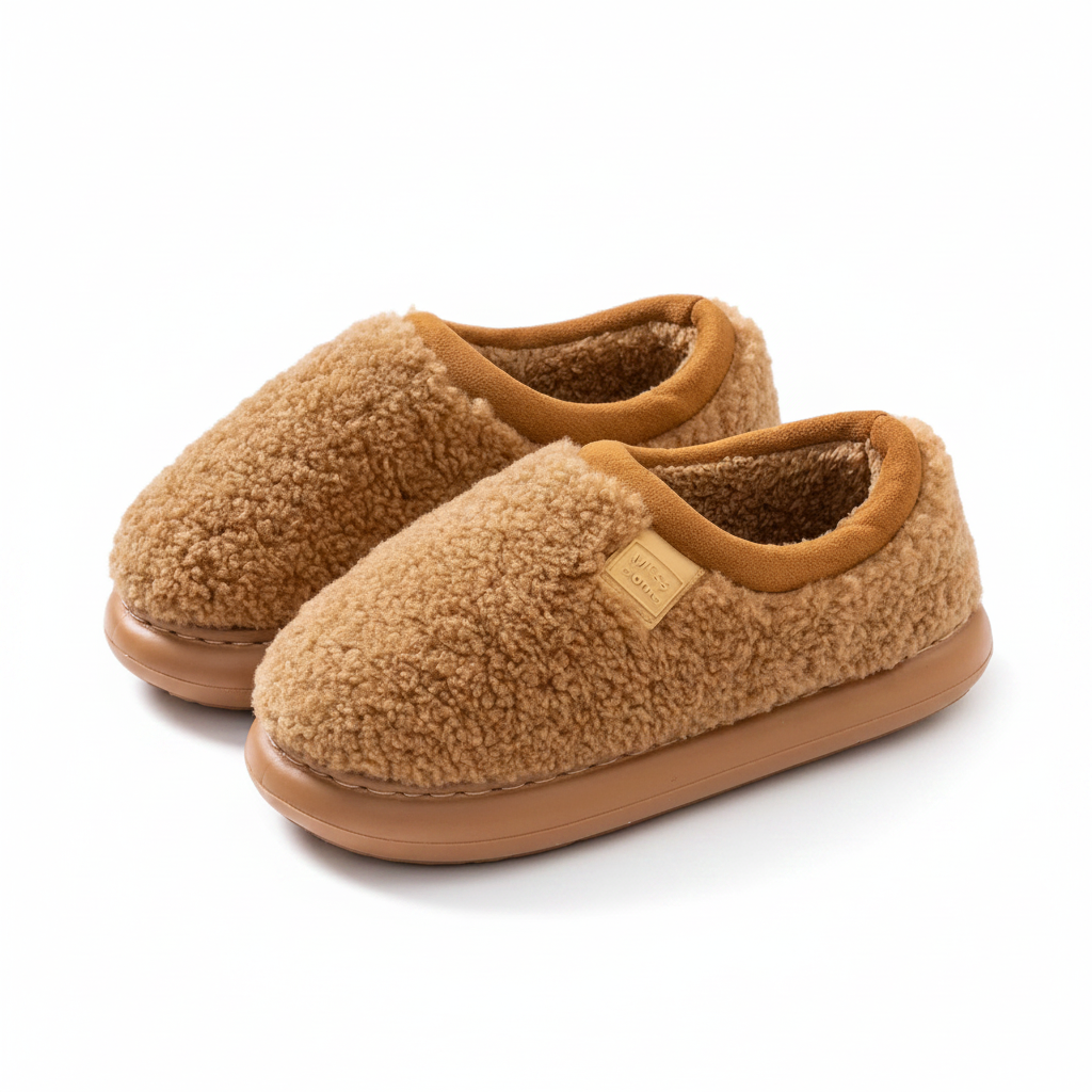 A pair of tan sherpa fleece slip-on house slippers with a matching tan sole and a small tan brand patch on the side, shown on a clean white background.