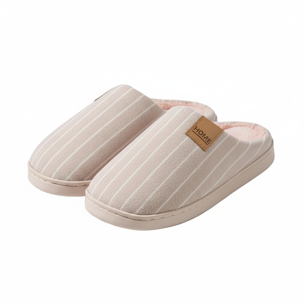 A pair of slip-on house slippers in a light beige color with thin white vertical stripes, featuring a small brown leather brand patch that reads 'HOME'.