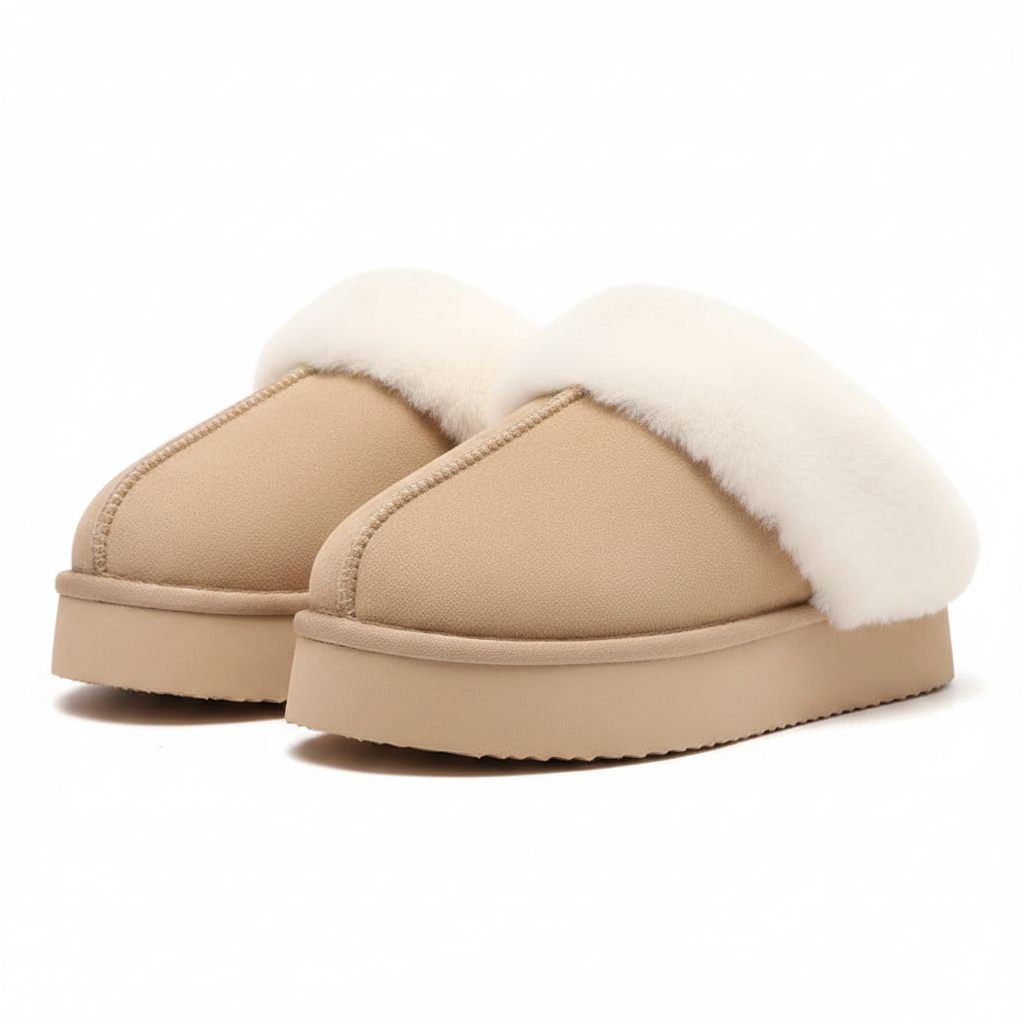 A pair of beige slip-on slippers with a thick platform sole and fluffy white faux-fur trim, shown on a clean white background.