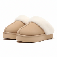 A pair of beige slip-on slippers with a thick platform sole and fluffy white faux-fur trim, shown on a clean white background.