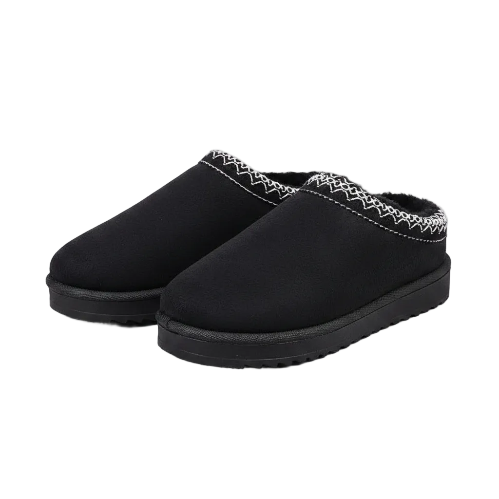 A pair of black slip-on winter slippers with a white zigzag patterned trim along the top edge, shown on a clean white background.