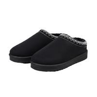 A pair of black slip-on winter slippers with a white zigzag patterned trim along the top edge, shown on a clean white background.