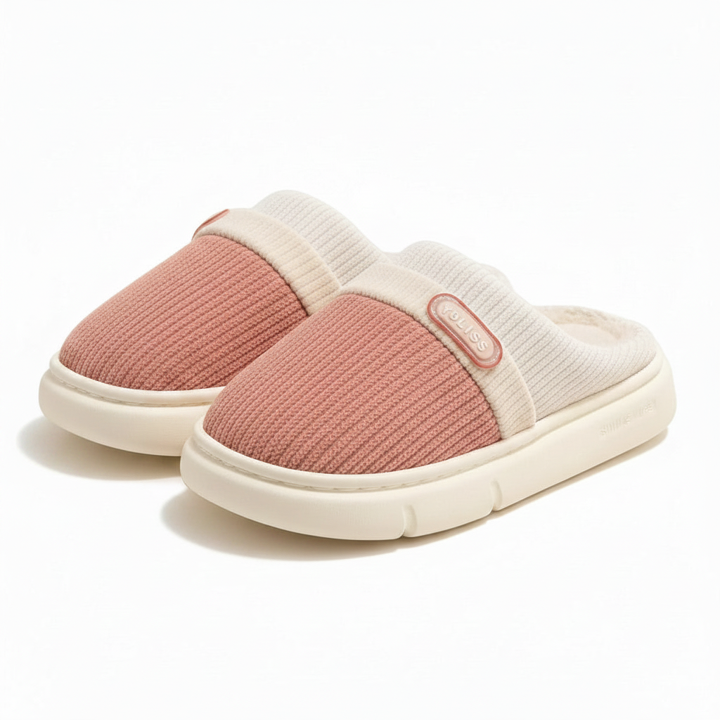 A pair of slip-on slippers with a dusty pink knit upper and cream ribbed trim and sole, shown on a clean white background.