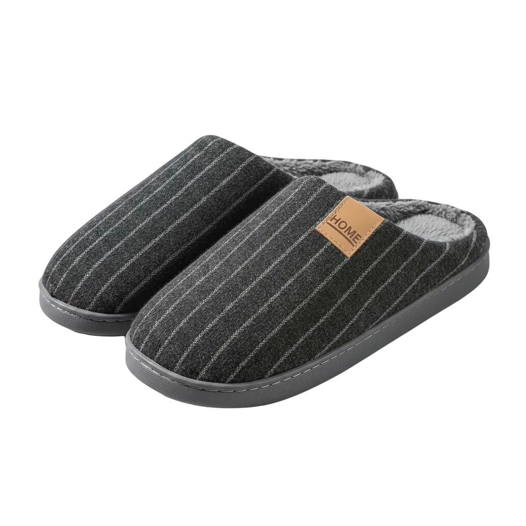 A pair of dark gray pinstriped slip-on slippers with a soft gray interior and a small tan brand patch reading HOME on the side, shown on a plain white background.