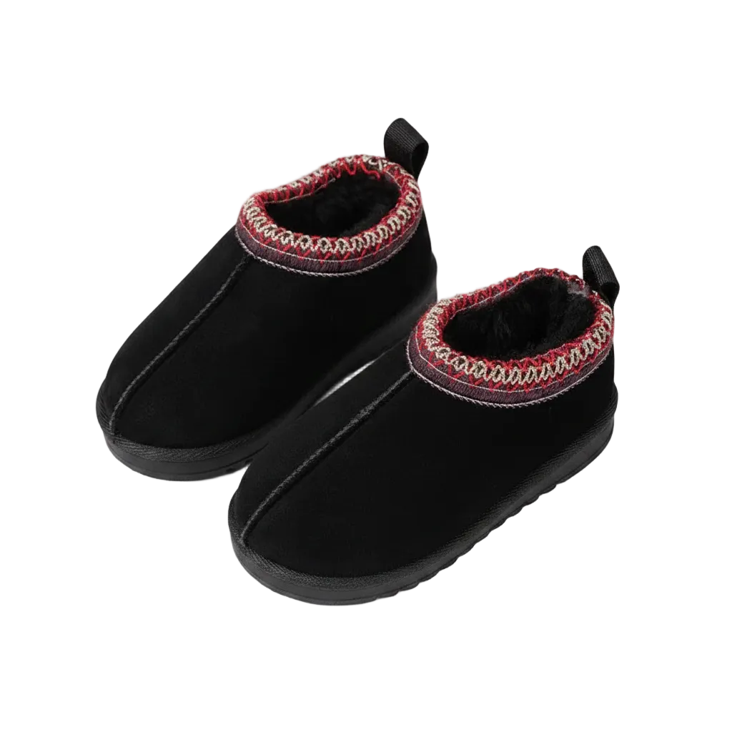 A pair of black slip-on winter boots with a soft black fleece lining and a decorative red, beige, and white braided trim around the collar, shown on a white background.