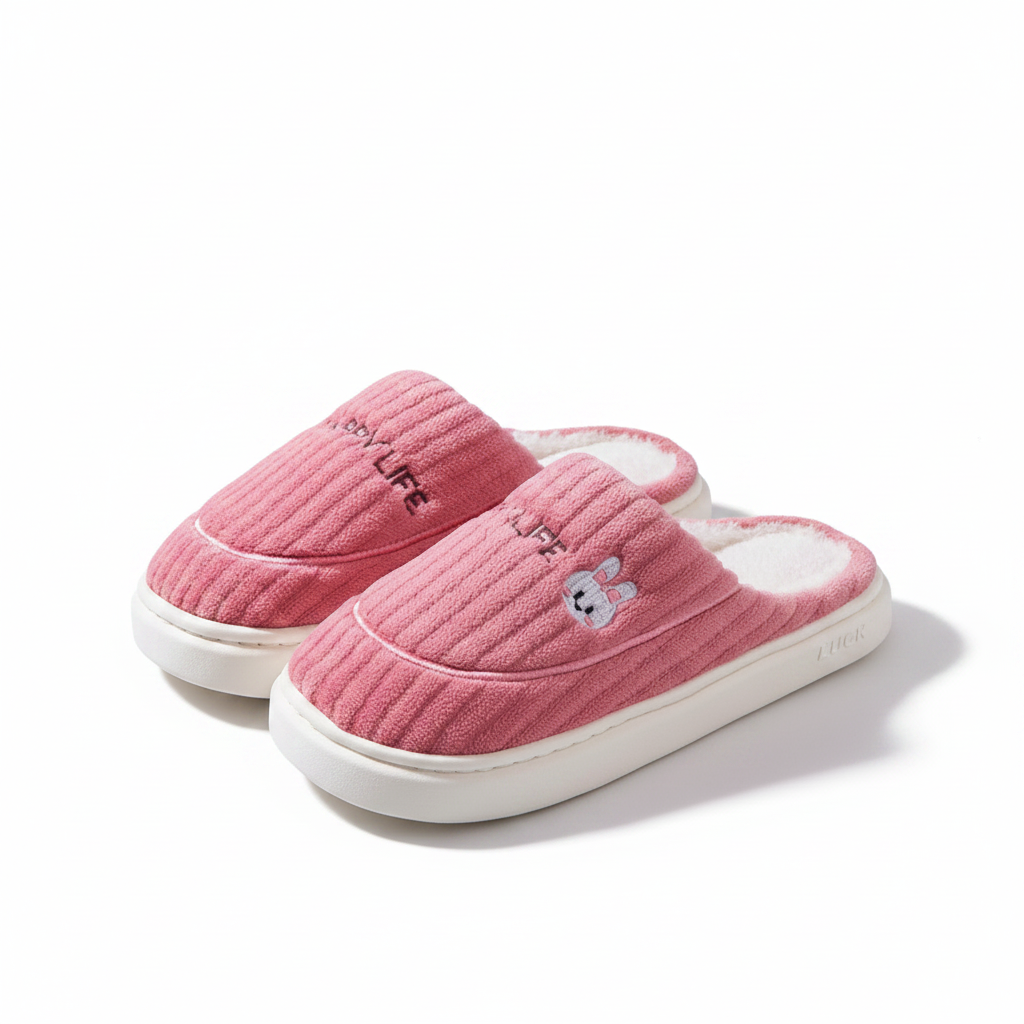 A pair of pink ribbed knit slip-on house slippers with white soles. One slipper features the text 'COZY LIFE' embroidered on the side, and the other has a small embroidered bunny face.