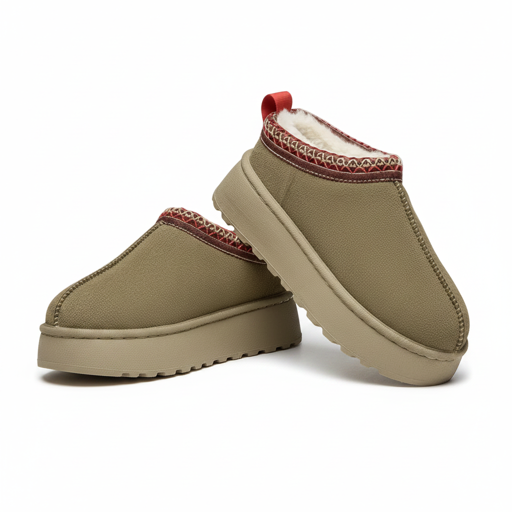A pair of slip-on winter slippers in a muted olive-tan color, featuring a soft cream fleece lining, a red and beige patterned collar trim, and a thick platform sole, shown on a clean white background.