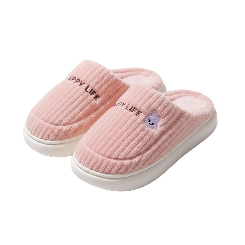 A pair of pink ribbed fleece slip-on slippers with white soles. One slipper features the embroidered text 'HAPPY LIFE' in black, and the other has a small purple bunny face applique.