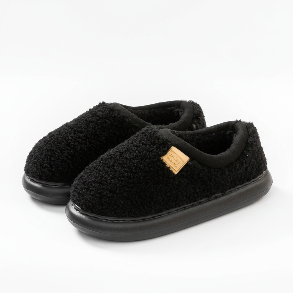 A pair of black fuzzy slip-on slippers with a small gold brand tag on the side, photographed on a clean white background.