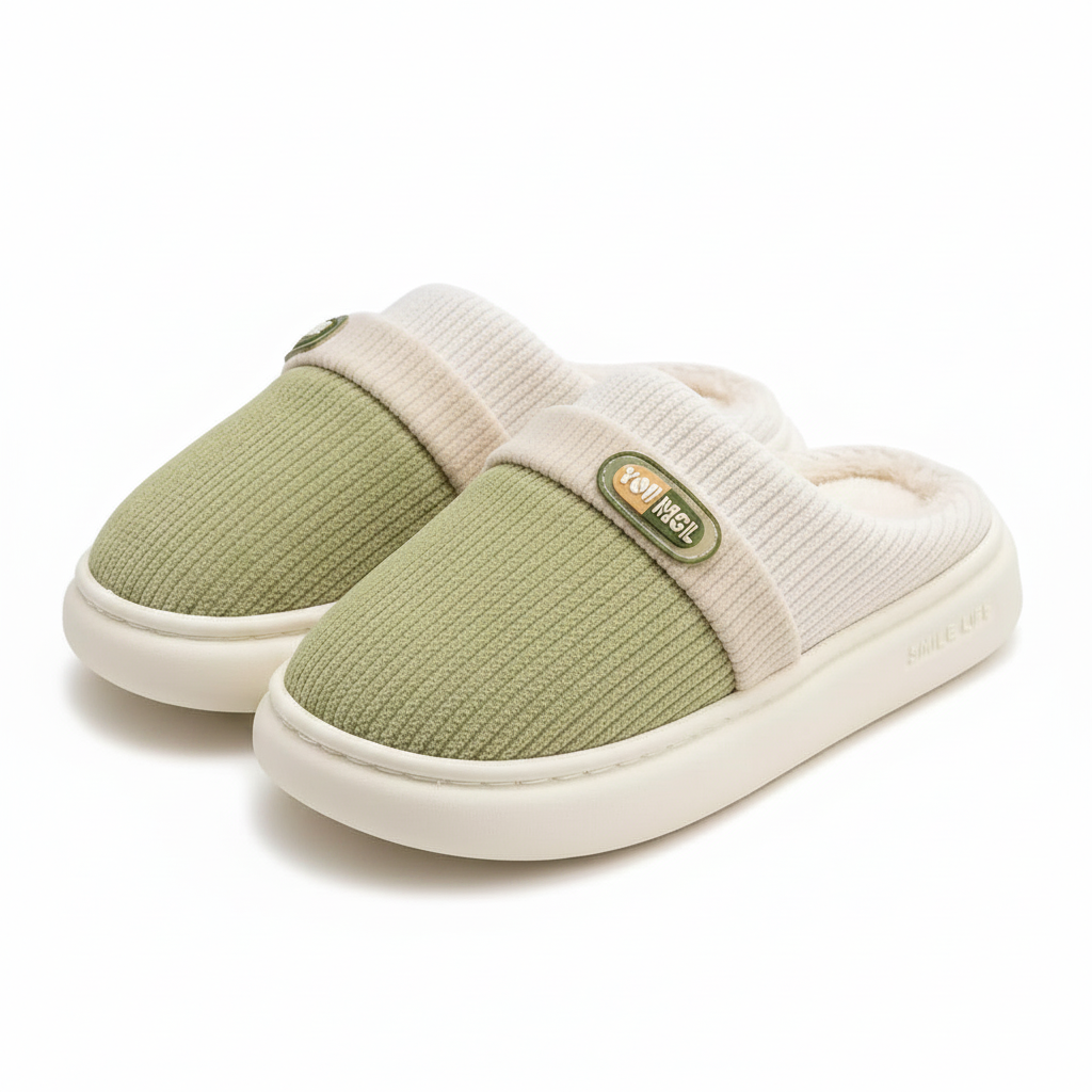 A pair of slip-on house slippers with a textured sage green upper and a cream ribbed knit collar, featuring a small green brand patch on the side and a thick cream sole.