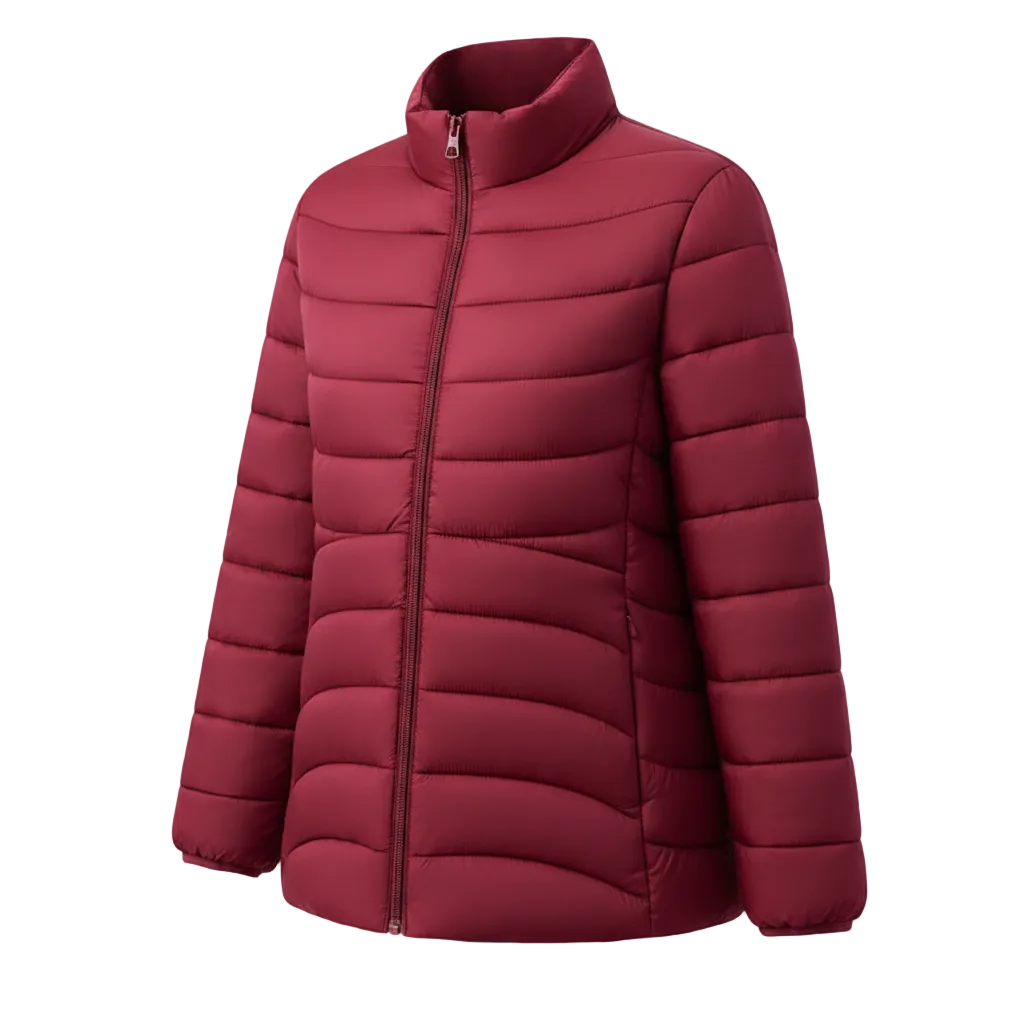 A women's quilted puffer jacket in a deep burgundy red, featuring a full-length front zipper, a stand-up collar, and horizontal stitching, shown on a plain white background.