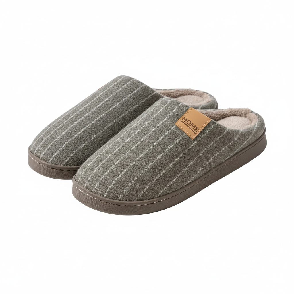 A pair of slip-on house slippers in a gray fabric with thin white vertical stripes, featuring a tan leather 'HOME' brand patch on the side and a soft beige lining, shown against a plain white background.
