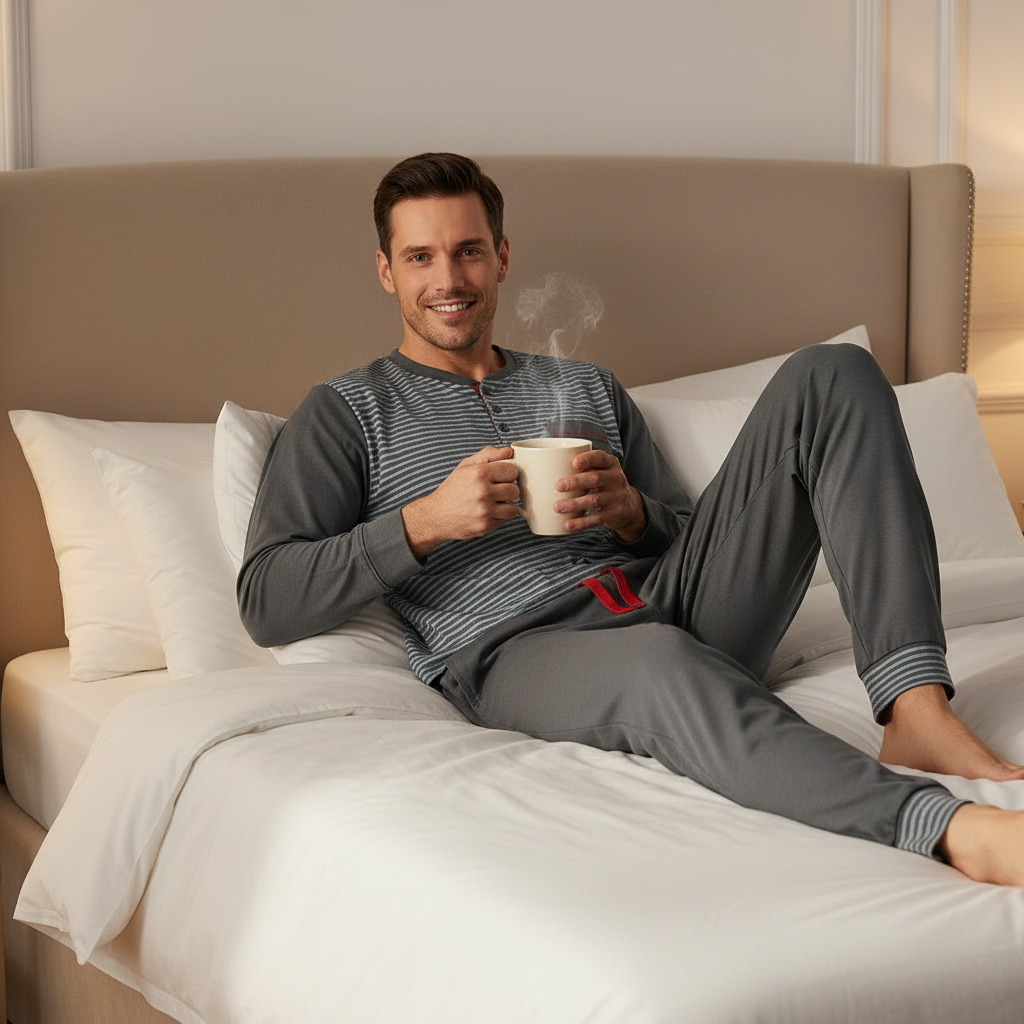 A man reclining on a bed wearing a gray long-sleeve striped pajama set and holding a steaming mug. The bedroom has a beige upholstered headboard, white bedding, and soft warm lighting.