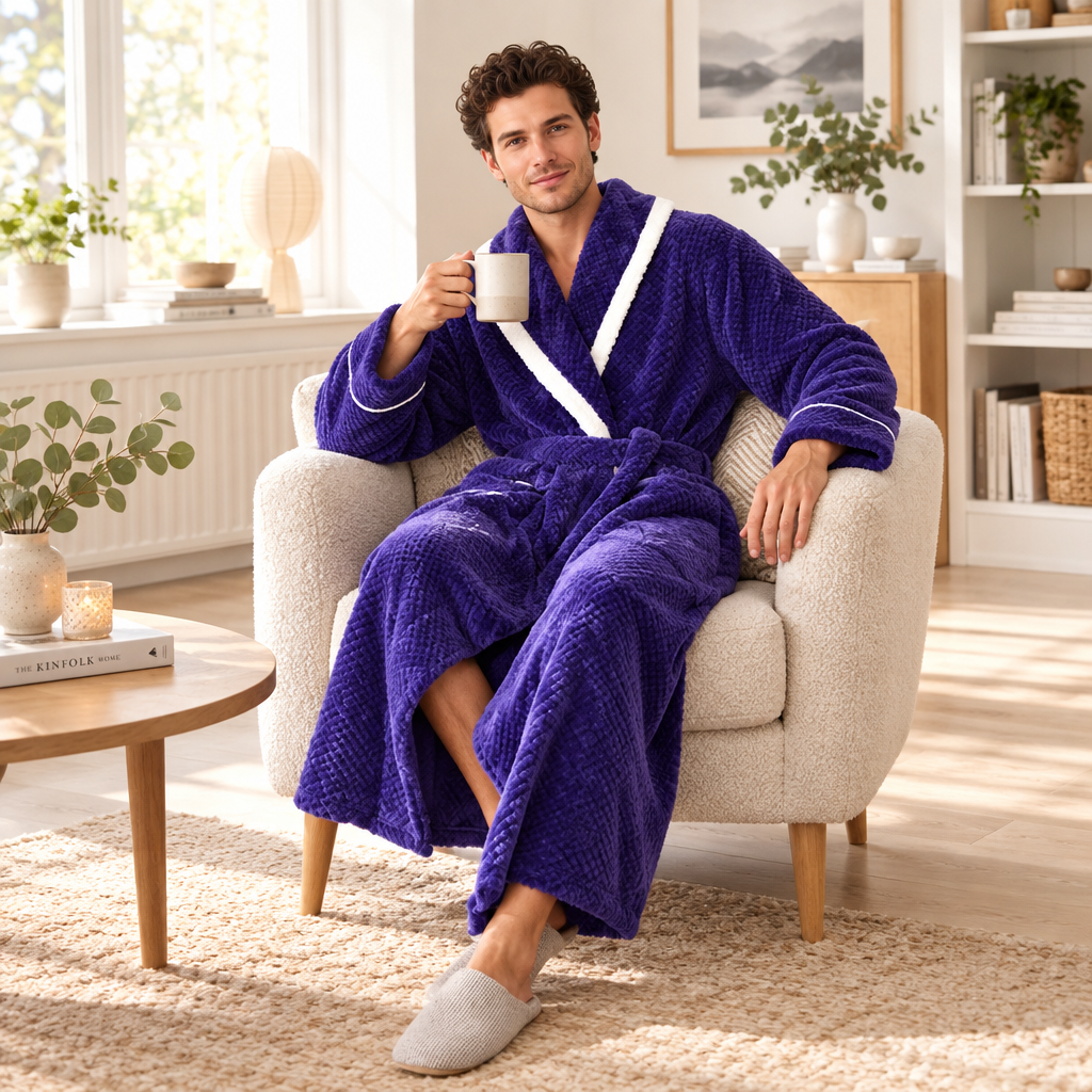 Men's Oversized Fleece Bathrobe - Coral Flannel Kimono Robe for Couples