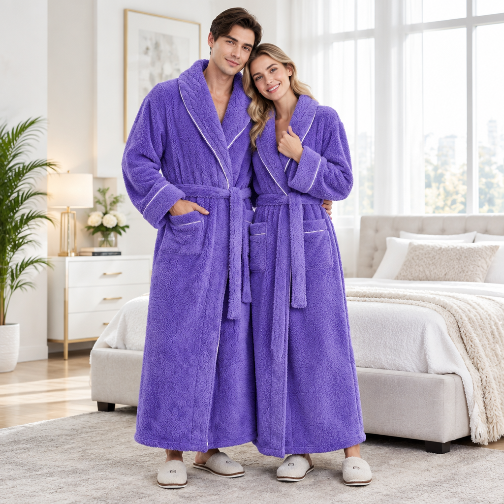 Men's Oversized Fleece Bathrobe - Coral Flannel Kimono Robe for Couples