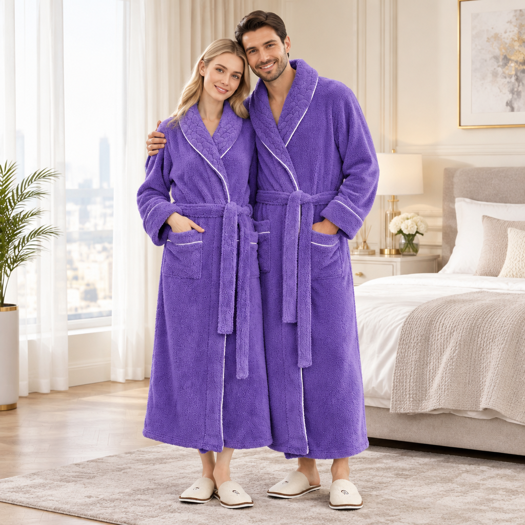 Men's Oversized Fleece Bathrobe - Coral Flannel Kimono Robe for Couples