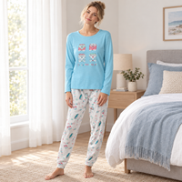 Women's Long Sleeved Pyjamas Loungewear Nightwear in Blue and Coral