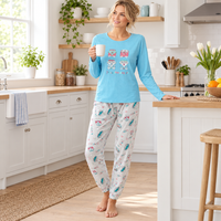 Women's Long Sleeved Pyjamas Loungewear Nightwear in Blue and Coral