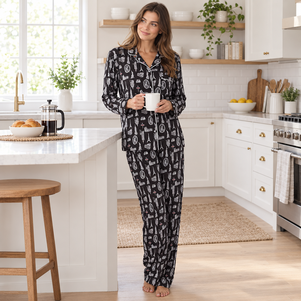 Women’s Satin Pyjamas Long Sleeve Nightwear Loungewear Set City Print