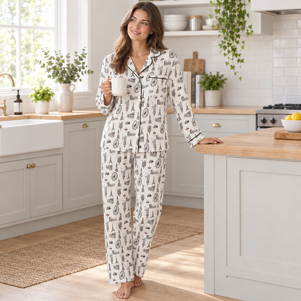 Women’s Satin Pyjamas Long Sleeve Nightwear Loungewear Set City Print