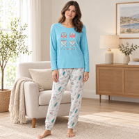 Women's Long Sleeved Pyjamas Loungewear Nightwear in Blue and Coral