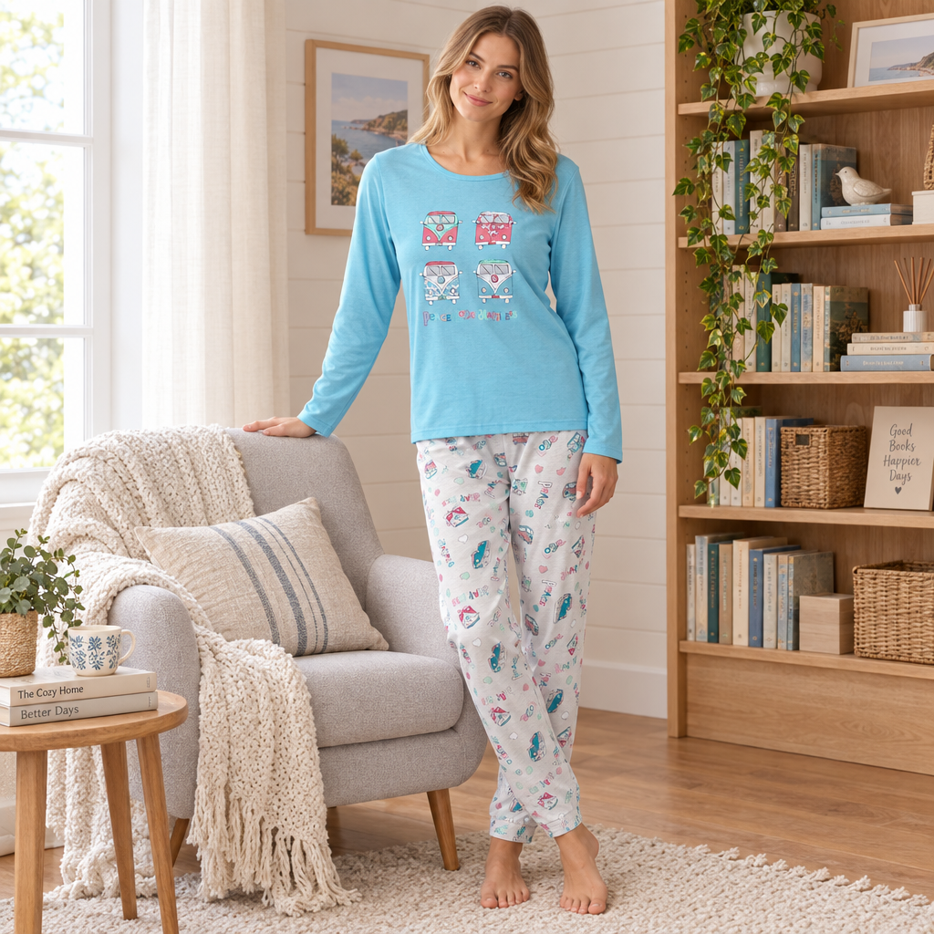 Women's Long Sleeved Pyjamas Loungewear Nightwear in Blue and Coral