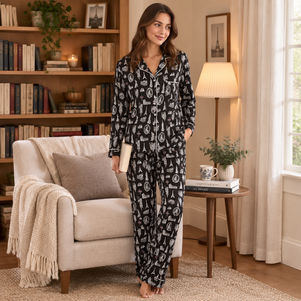 Women’s Satin Pyjamas Long Sleeve Nightwear Loungewear Set City Print