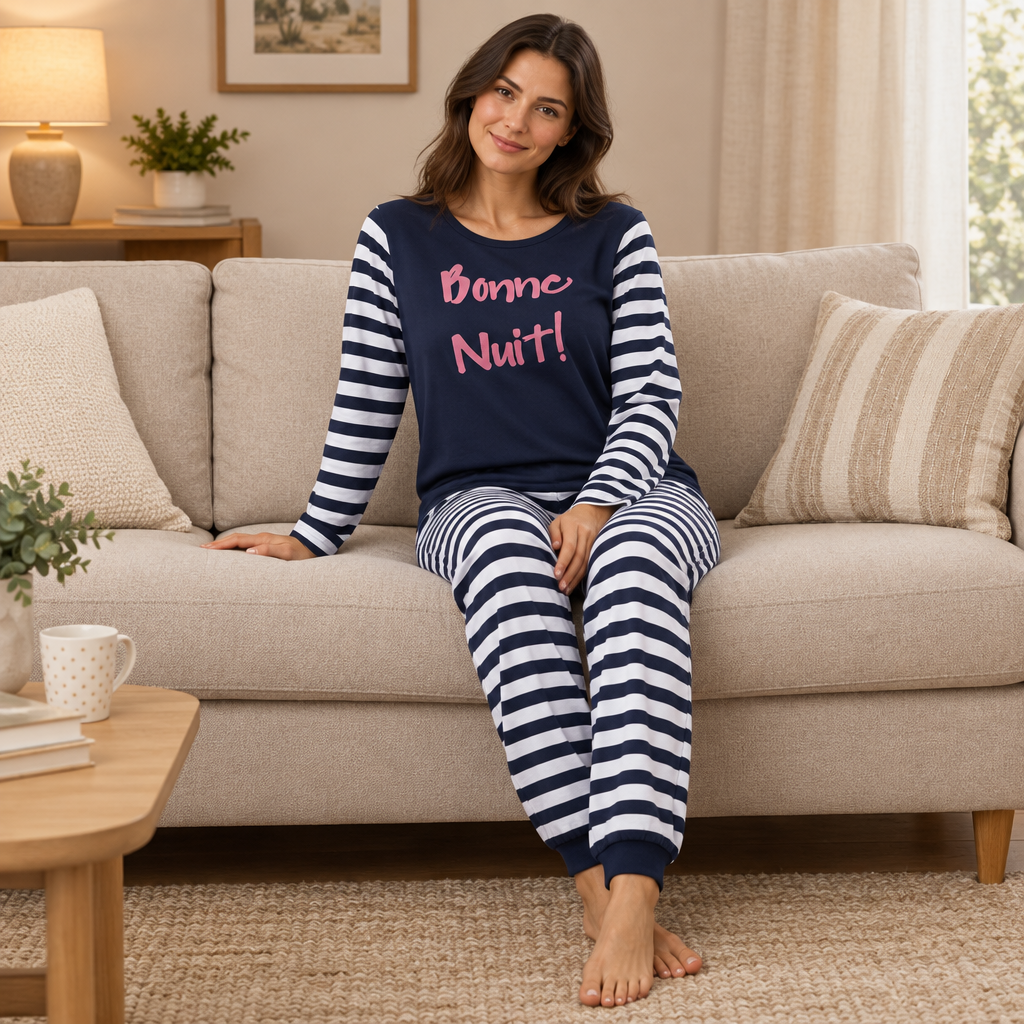 A woman sits on a beige sofa wearing a navy and navy-and-white striped pajama set with pink text reading 'Bonne Nuit!' on the front. The setting is a cozy living room with a coffee table, lamp, and plants.