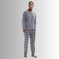 Pyjama Sets Fleece Top, Checkered Pattern Cotton Bottoms Grey Black Check. - SaneShoppe