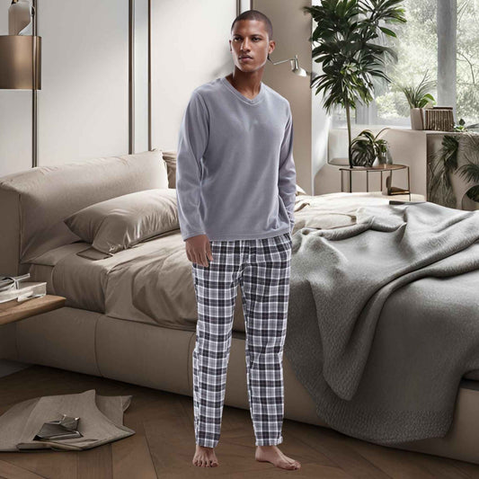 Men's Pyjama Sets: Fleece Top with Cotton Bottoms in Grey and Black