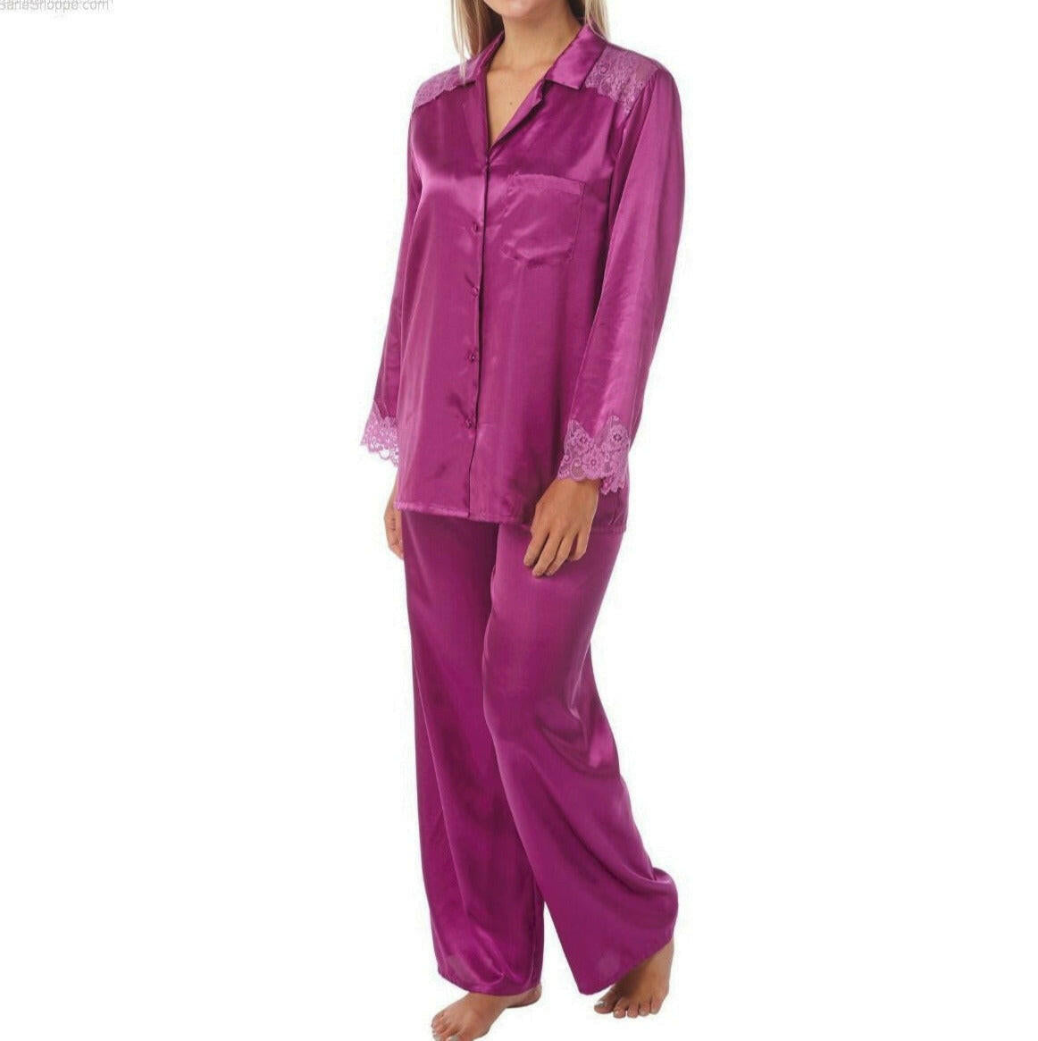 Women’s Satin Pyjamas Long Sleeve Nightwear Loungewear Set Fushia - SaneShoppe