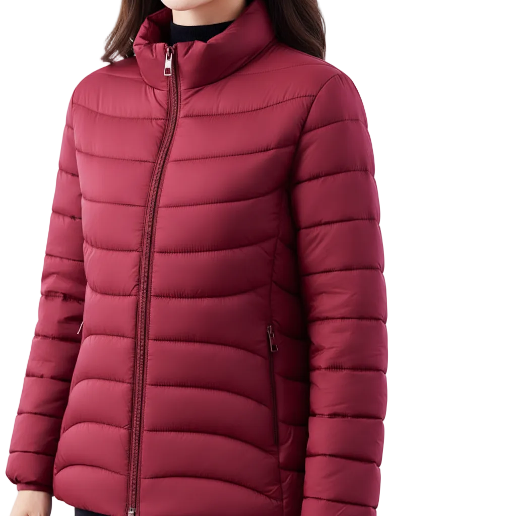 A close-up of a woman wearing a quilted puffer jacket in a deep burgundy red. The jacket features horizontal quilting, a full-length front zipper, and zippered hand pockets, shown against a plain white background.
