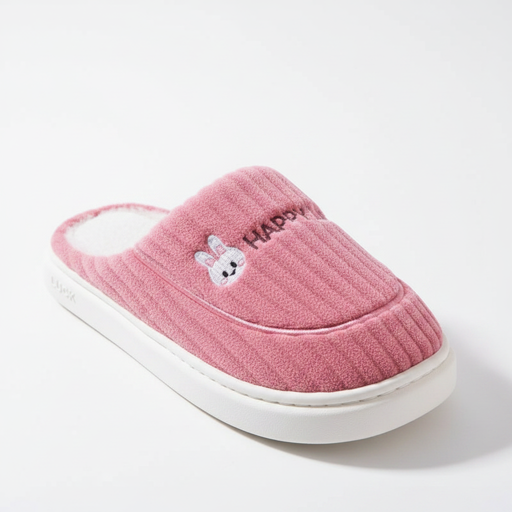 A pink ribbed knit slip-on house slipper with a white plush lining, featuring an embroidered bunny face and the word 'HAPPY' on the side, set against a clean white background.