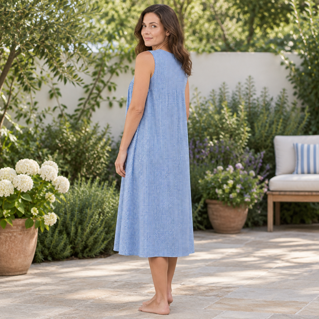 Round Neck Sleeveless Nightdress 110cm in Bleach Denim and Red Violet