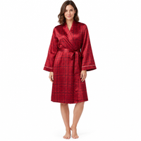 Womens Satin Kimono Bathrobe in Navy Red Check Design