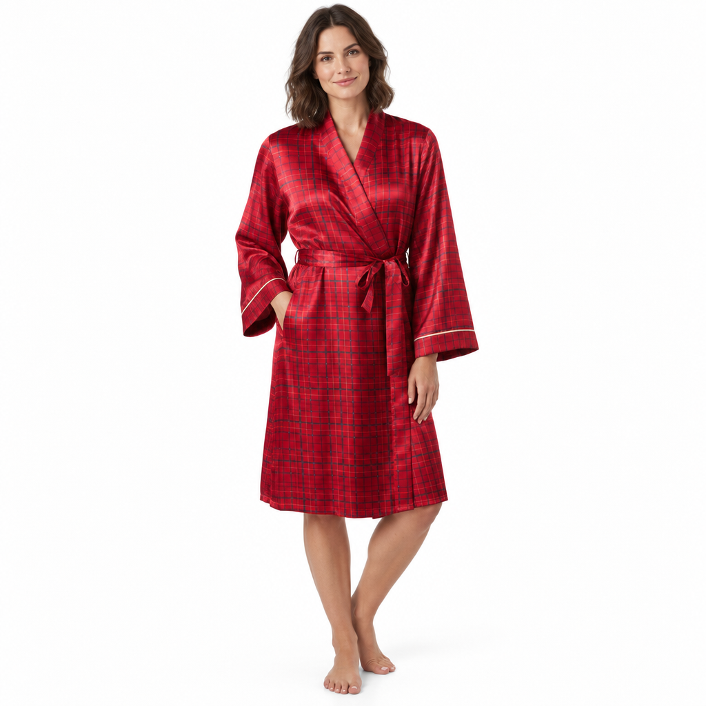Womens Satin Kimono Bathrobe in Navy Red Check Design