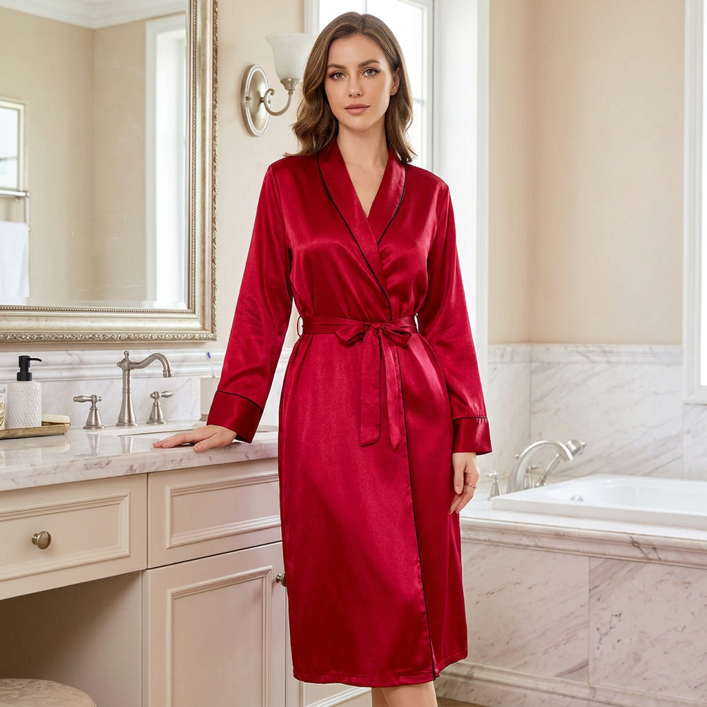 Red Satin Nightgown – Long-Sleeve Lounge Dress for Comfortable Evenings at Home