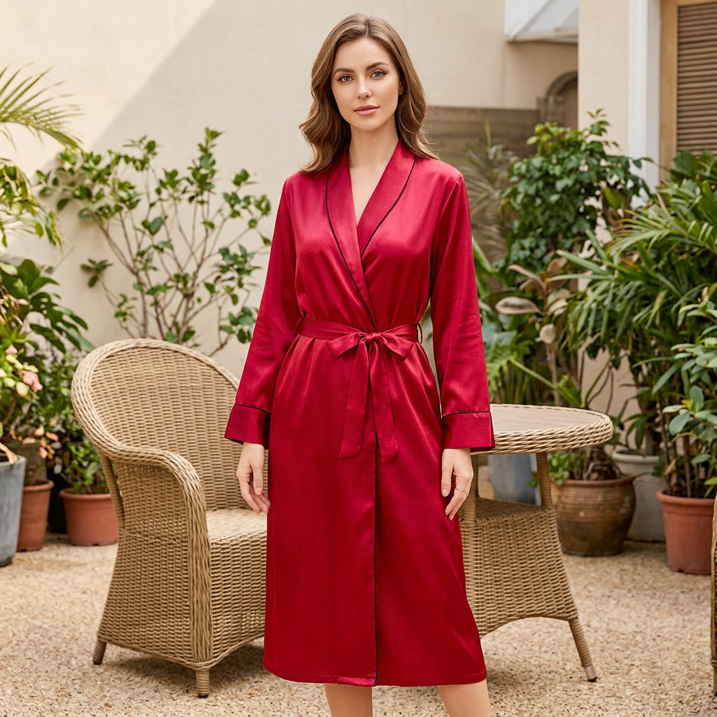 Red Satin Nightgown – Long-Sleeve Lounge Dress for Comfortable Evenings at Home