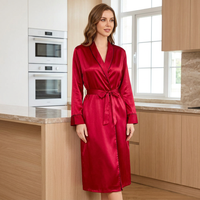 Red Satin Nightgown – Long-Sleeve Lounge Dress for Comfortable Evenings at Home