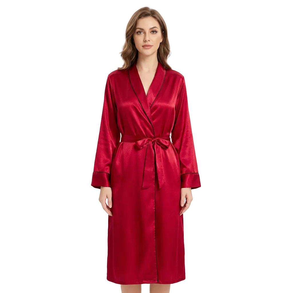 Red Satin Nightgown – Long-Sleeve Lounge Dress for Comfortable Evenings at Home