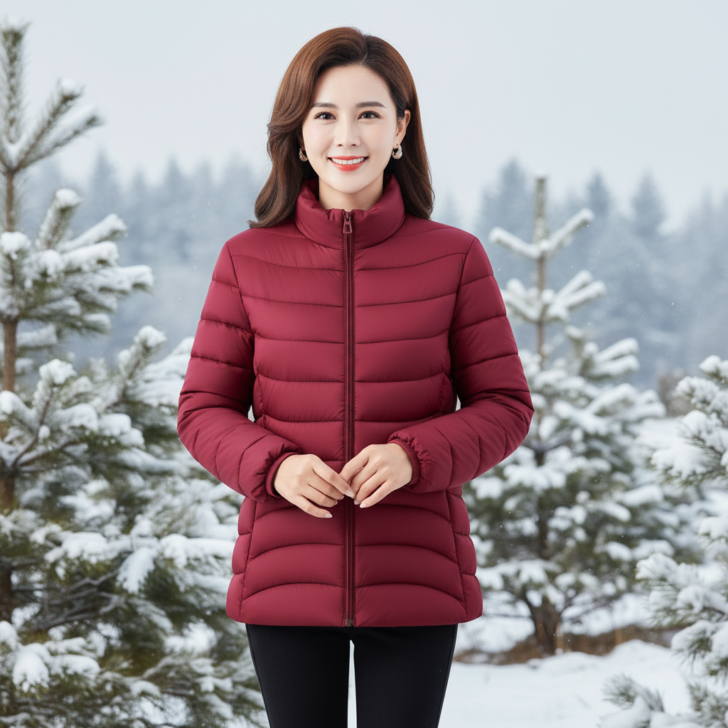 A woman wearing a burgundy quilted puffer jacket stands in a snowy outdoor setting with pine trees in the background.