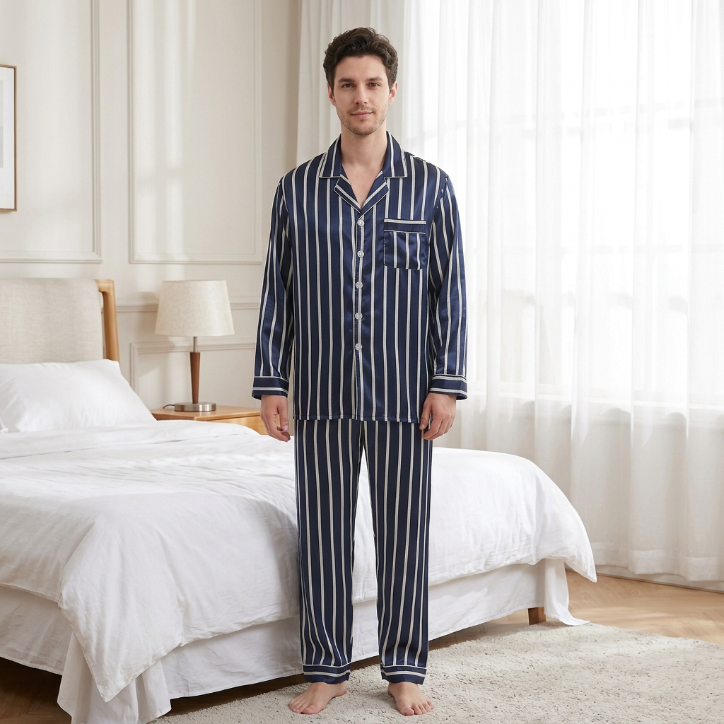 Men’s Blue Striped Pyjamas – Lightweight Polyester Silk-Feel Set