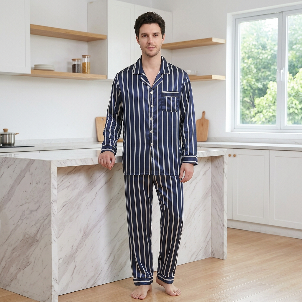 Men’s Blue Striped Pyjamas – Lightweight Polyester Silk-Feel Set