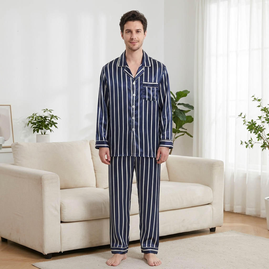 Men’s Blue Striped Pyjamas – Lightweight Polyester Silk-Feel Set