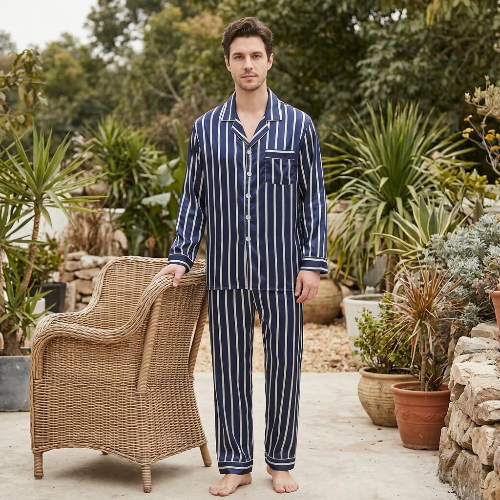 Men’s Blue Striped Pyjamas – Lightweight Polyester Silk-Feel Set
