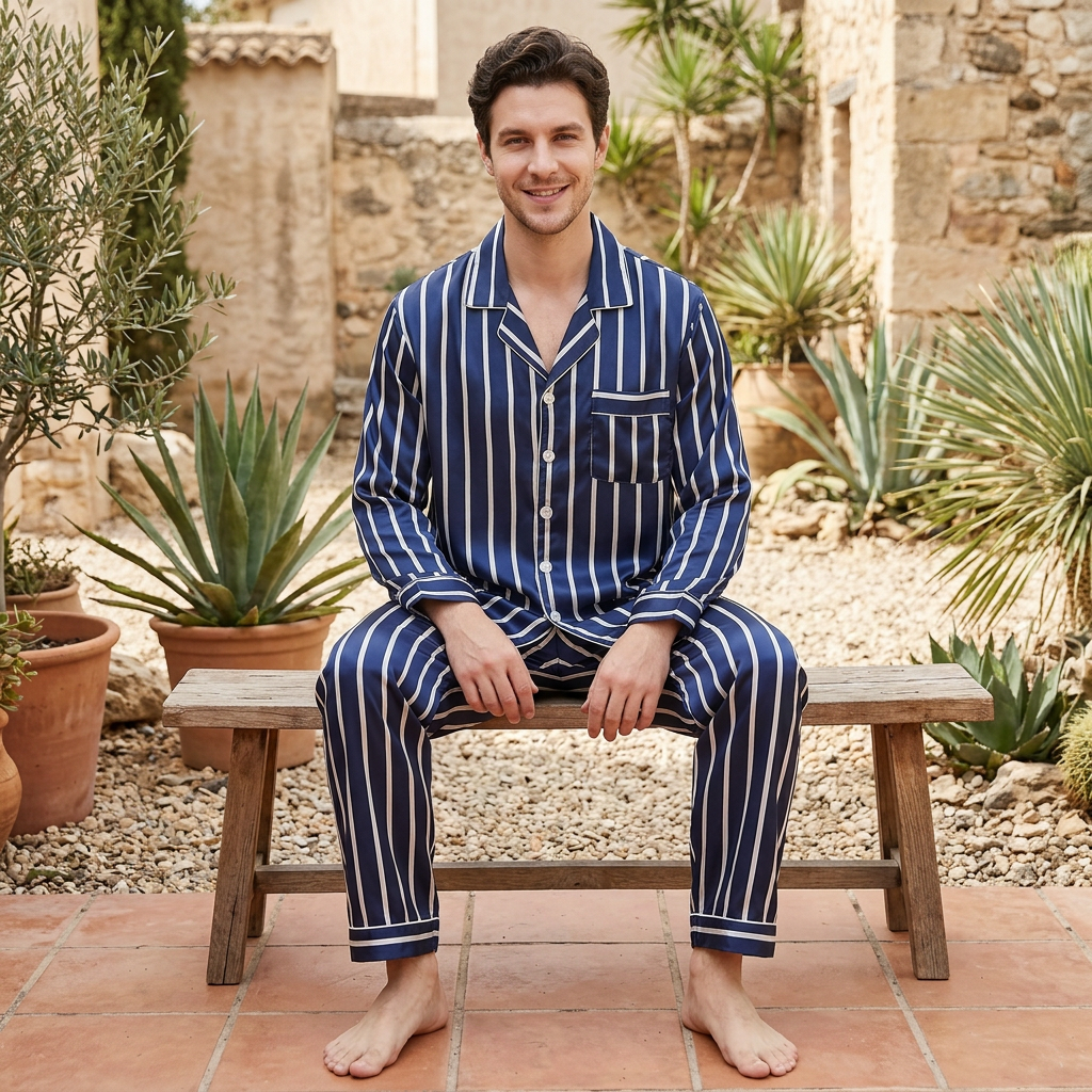 Men’s Blue Striped Pyjamas – Lightweight Polyester Silk-Feel Set