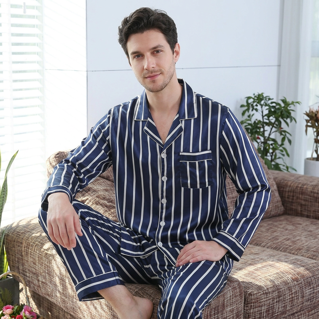 Men’s Blue Striped Pyjamas – Lightweight Polyester Silk-Feel Set
