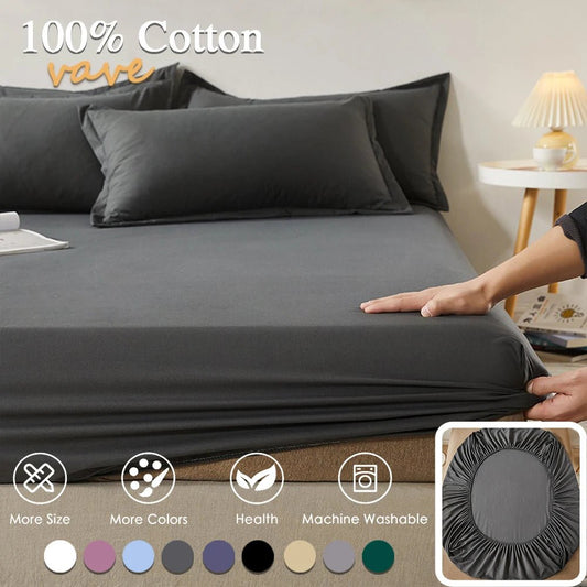 SaneShoppe - 100% Cotton Fitted Bed Sheet with Elastic Band Solid Color Anti - slip Adjustable Mattress Cover for Single Double King Queen Bed