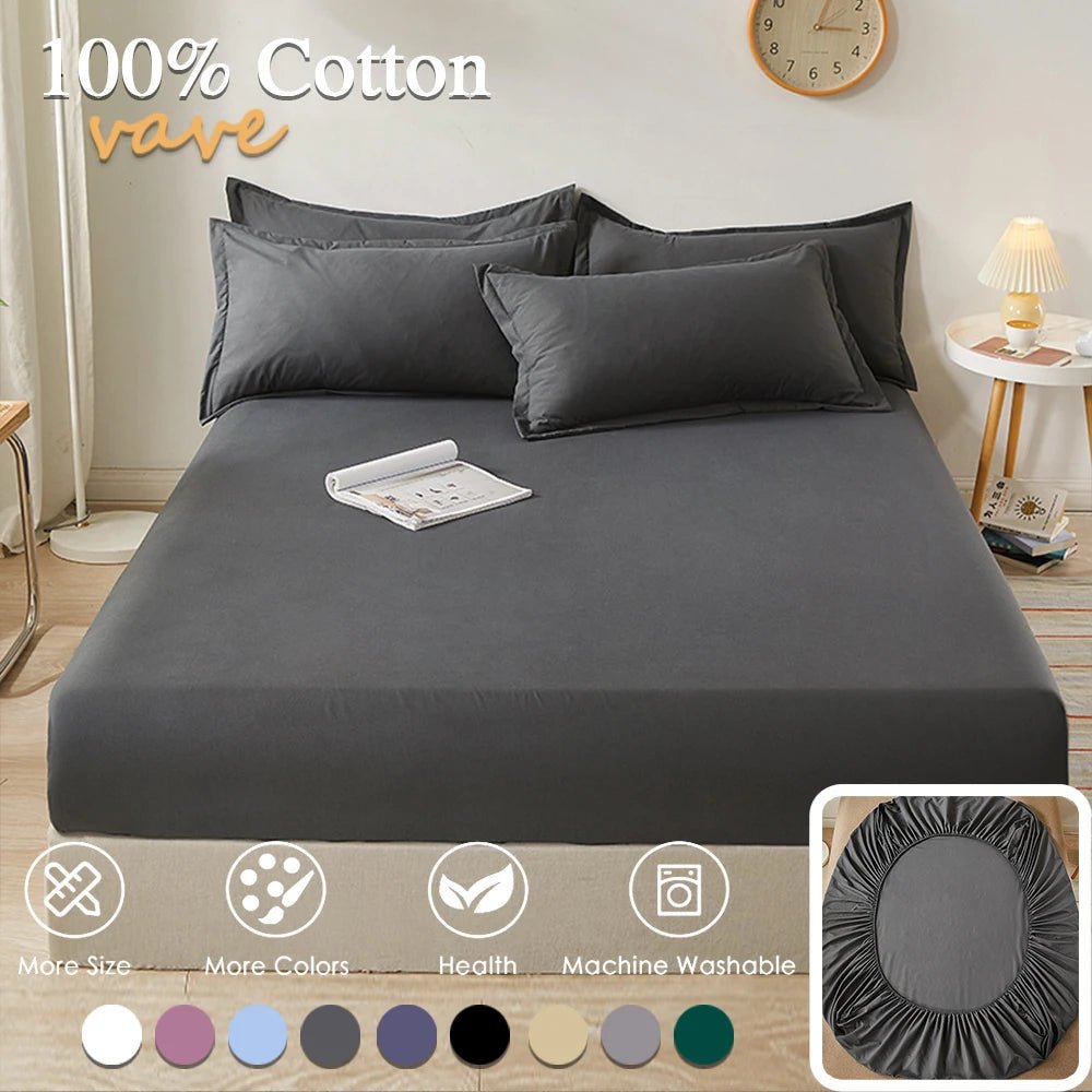 SaneShoppe - 100% Cotton Fitted Bed Sheet with Elastic Band Solid Color Anti - slip Adjustable Mattress Cover for Single Double King Queen Bed